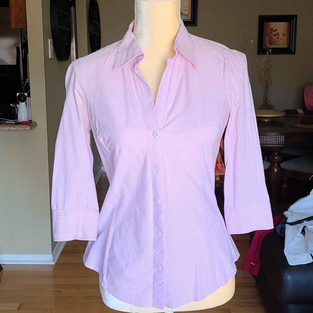 Express Design Studio Pink White Pinstripe 3/4 Sleeve Button Down Blouse Small